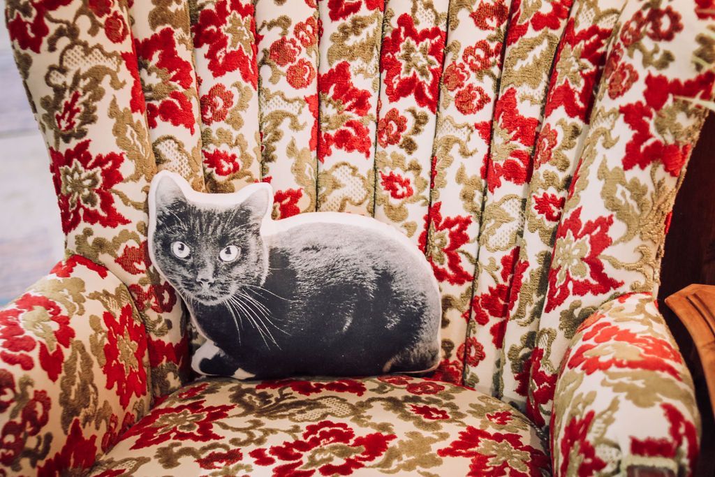 Cat-shaped pillow on ornate red and beige floral armchair.