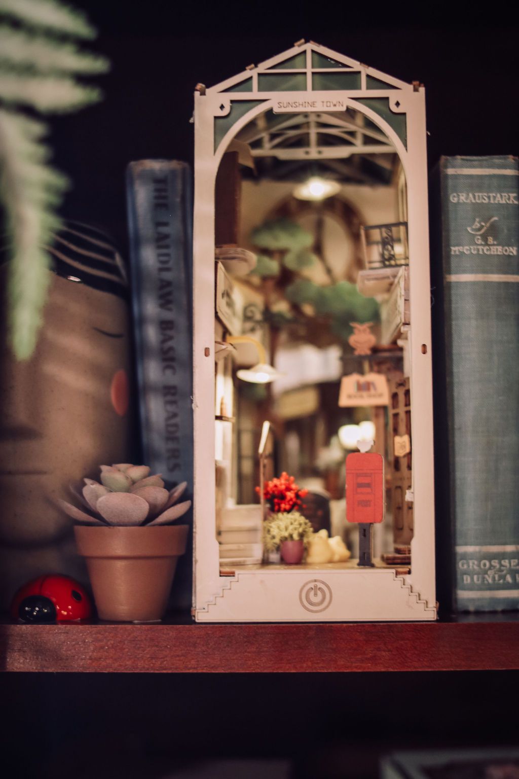 Miniature wooden greenhouse diorama on a shelf with books, a succulent, and a ladybug.