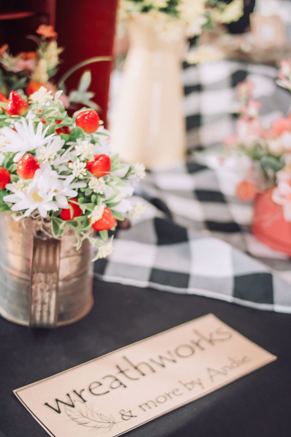 Flowers in rustic tin bucket with 