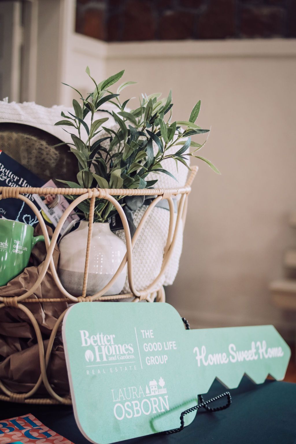 Basket with greenery, towels, and a 