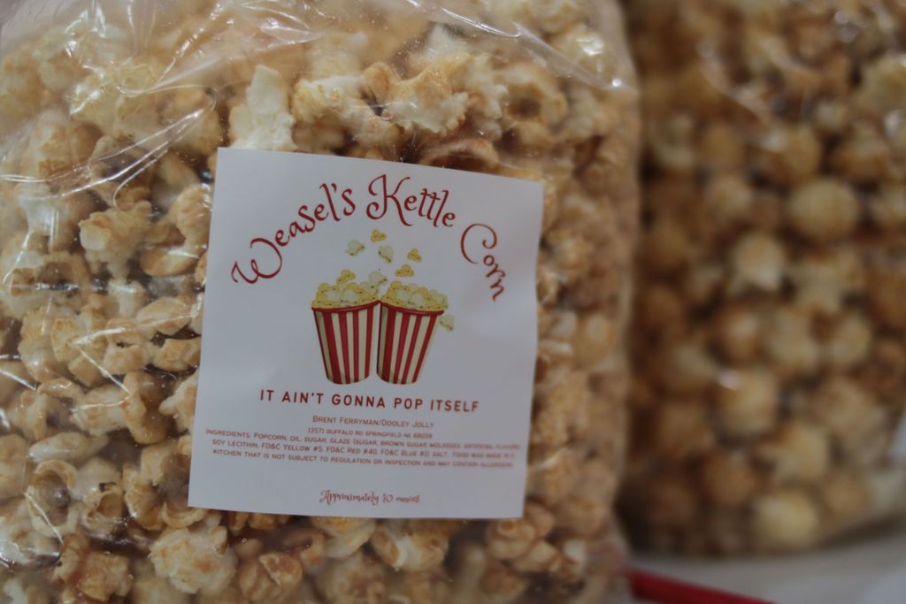 Bag of kettle corn with a label that says 