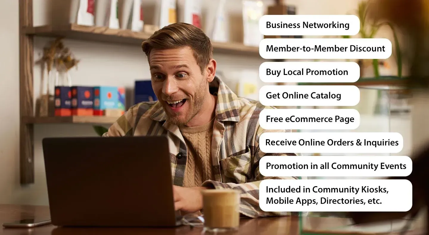 Man excited at a laptop, with text bubbles listing business benefits, indoors.