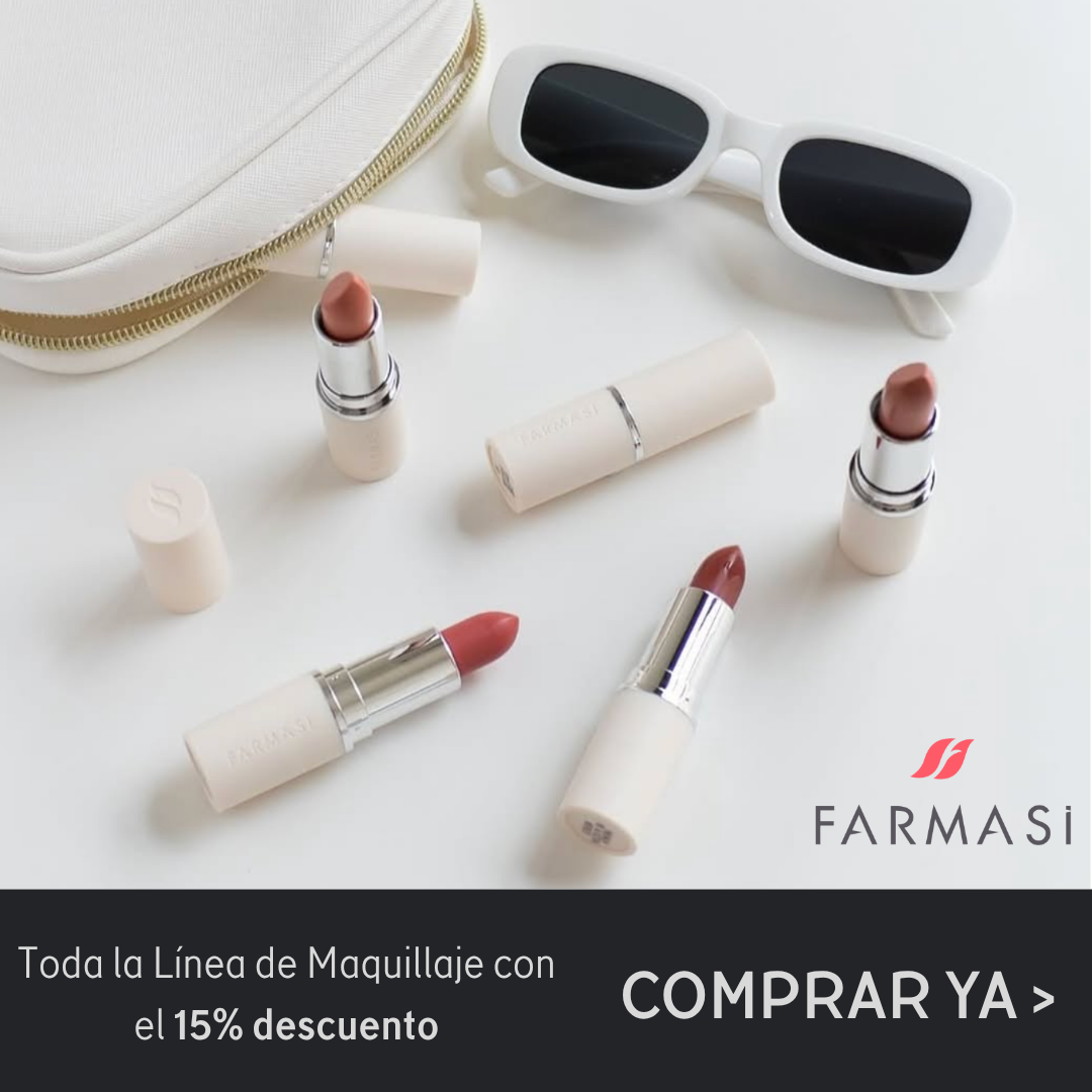 Maquillaje FARMASI sobre fondo blanco con gafas de sol y botón “COMPRAR YA”