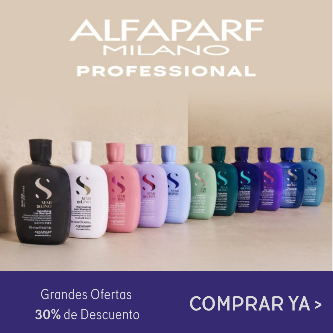 Botellas de champú ALFAPARF Milano Professional en varios colores con banner de rebajas “Comprar ya”