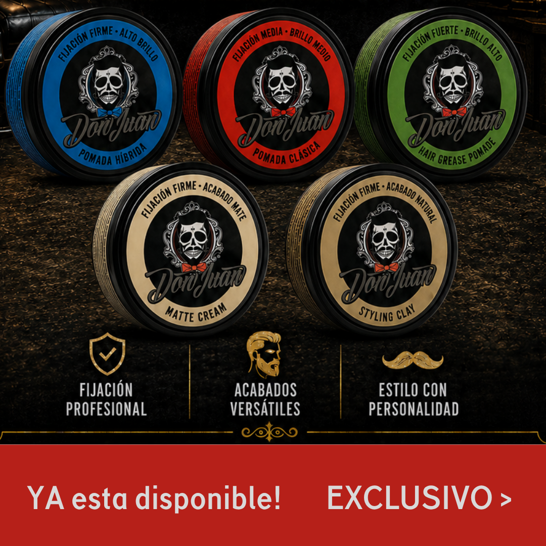 Tres latas de pomada con el logo de una calavera, con tapas negras, azules y doradas sobre un fondo oscuro.