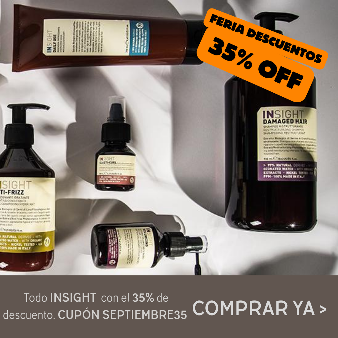 Publicidad de cosméticos con productos para el cabello Insight. Promoción con 35% de descuento.