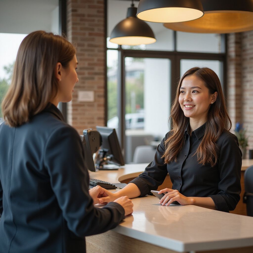 Two women talking across a counter in a modern office lobby, smiling and shaking hands