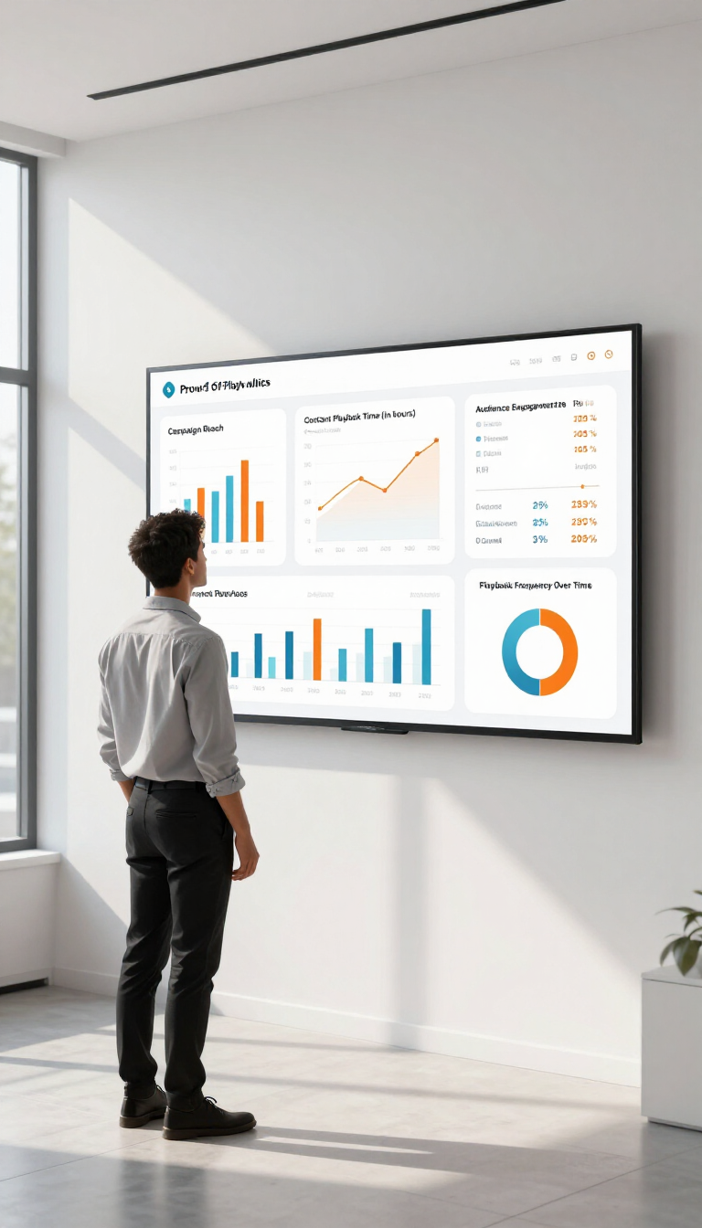 Person stands in a bright office looking at a wall-mounted analytics dashboard with charts and graphs.