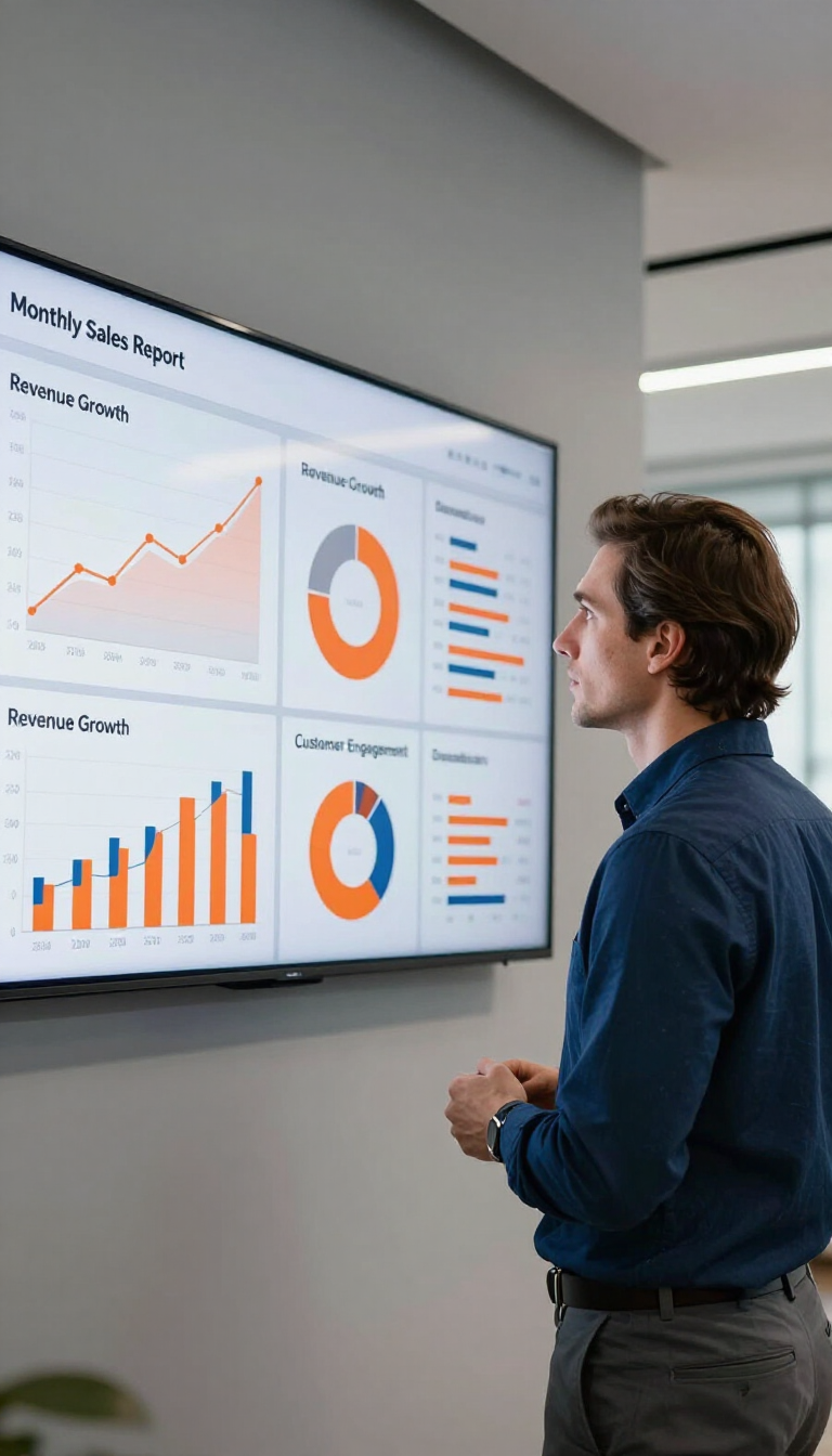 Person viewing wall-mounted dashboard with orange and blue charts in a modern office