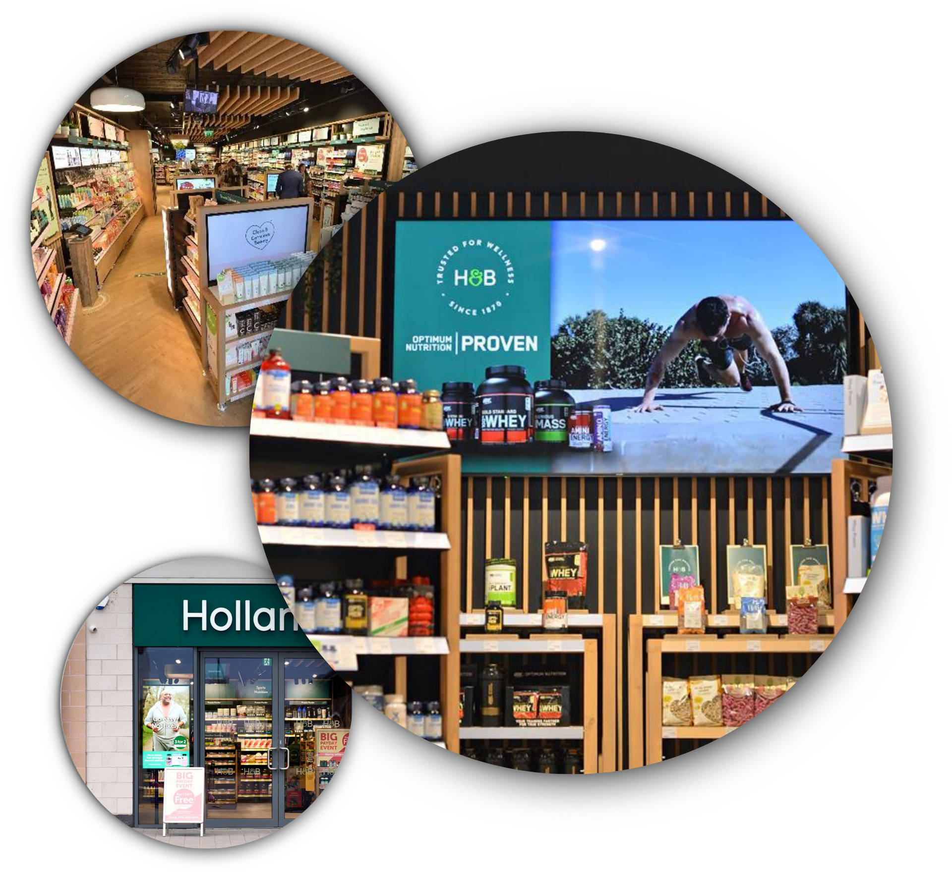 Holland and Barrett store aisle with shelves of products and a digital signage retail display showing a person exercising outdoors