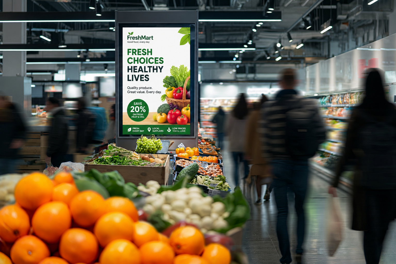Grocery store produce aisle with oranges in foreground and a sign reading “Fresh picked health lives.”