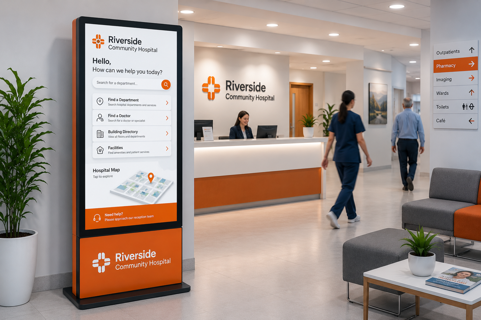 Modern clinic reception with orange signage, check-in desk, and two people walking through the lobby