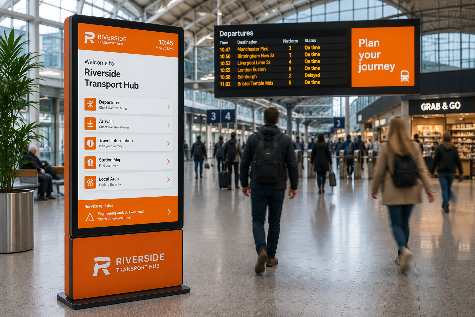 Airport terminal with travelers and a digital wayfinding sign showing directions and flight information