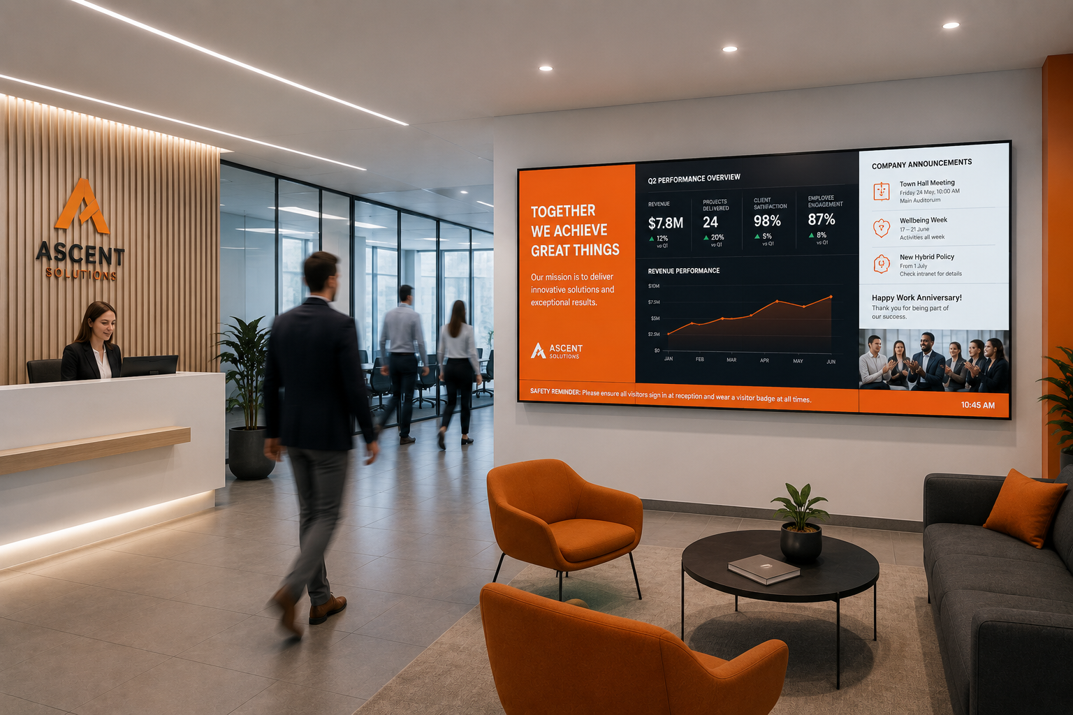 Modern office lobby with reception desk, orange chairs, and a large wall display showing business analytics.