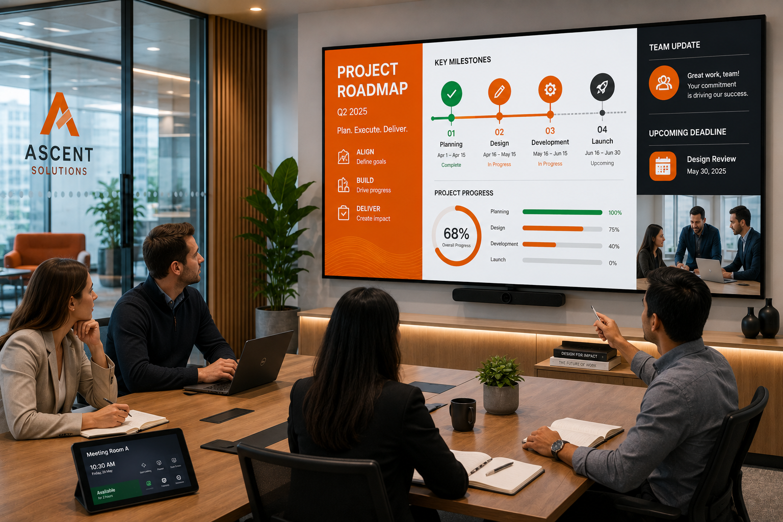 Team meeting in a modern office with a large presentation screen showing analytics dashboards.