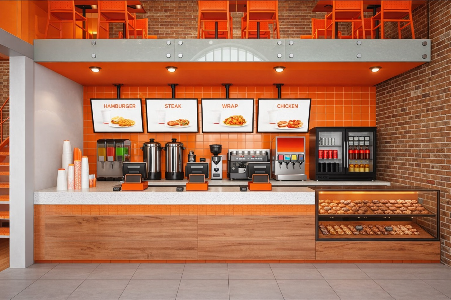 Modern orange-and-wood coffee shop counter with espresso machines, menu boards, and pastry display