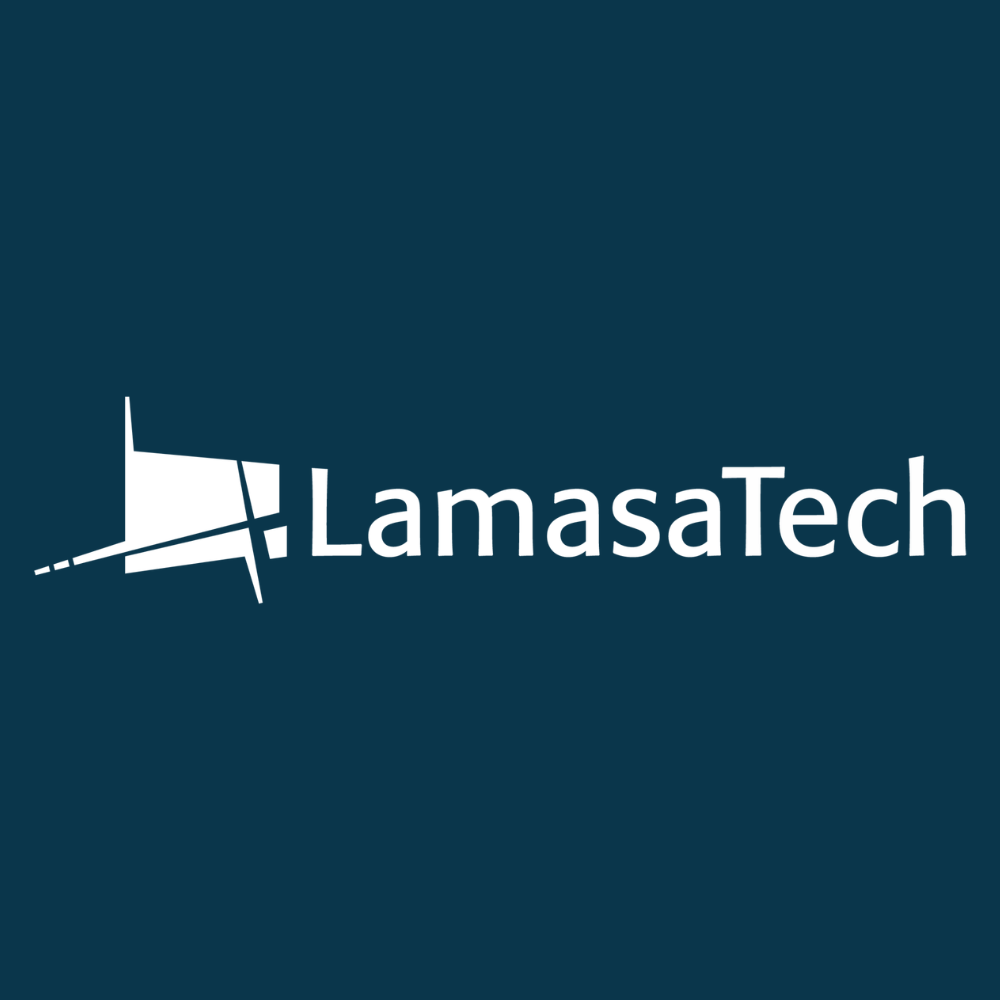 LamasaTech logo in white on a dark teal background, with a stylized geometric mark.