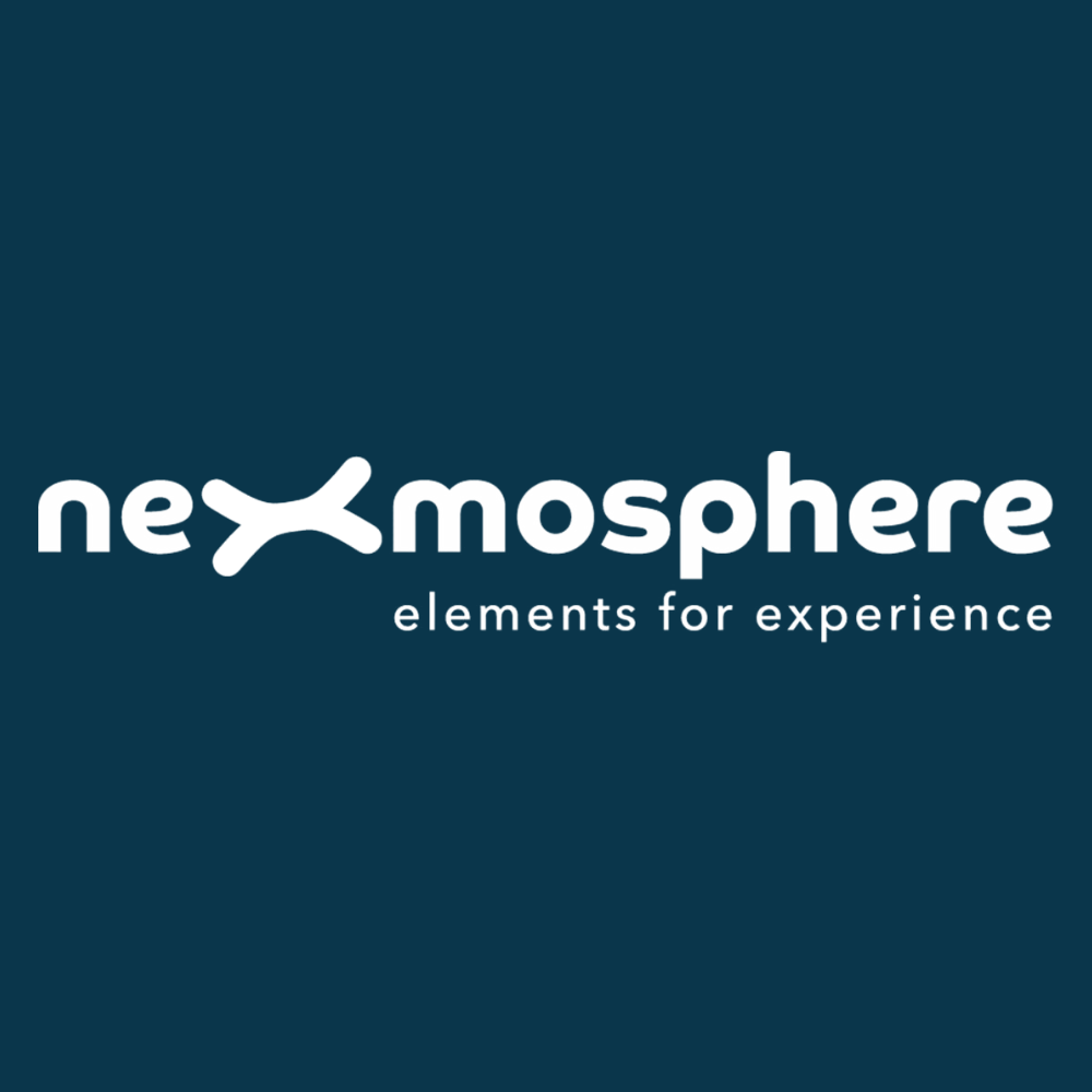 Nexmosphere logo on dark blue background with the tagline “elements for experience”
