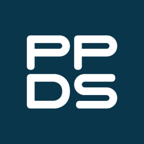 White "PPDS" letters on a dark teal background, forming a stacked logo.