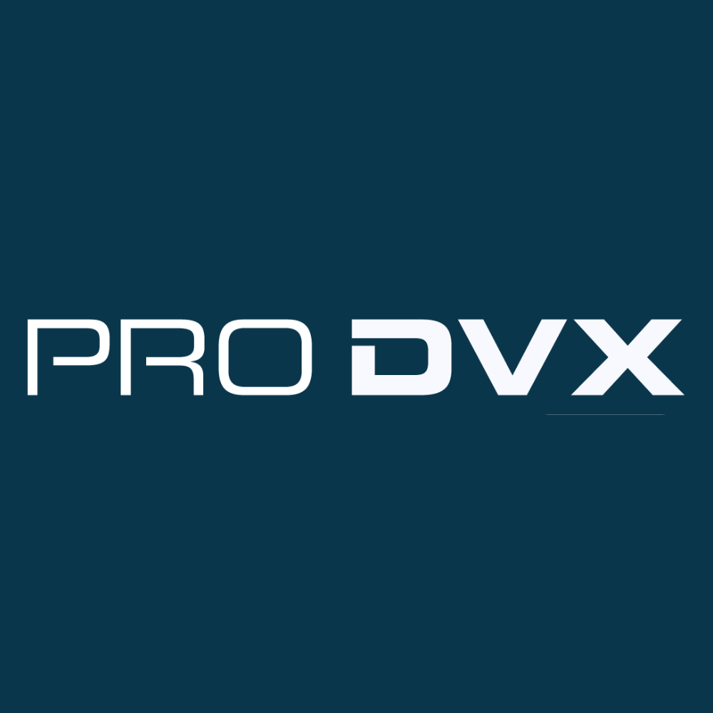 PRO DVX logo in white on a dark teal background