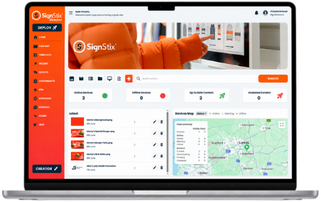 Orange-and-black SignStix dashboard on a laptop, showing analytics panels and a map view.