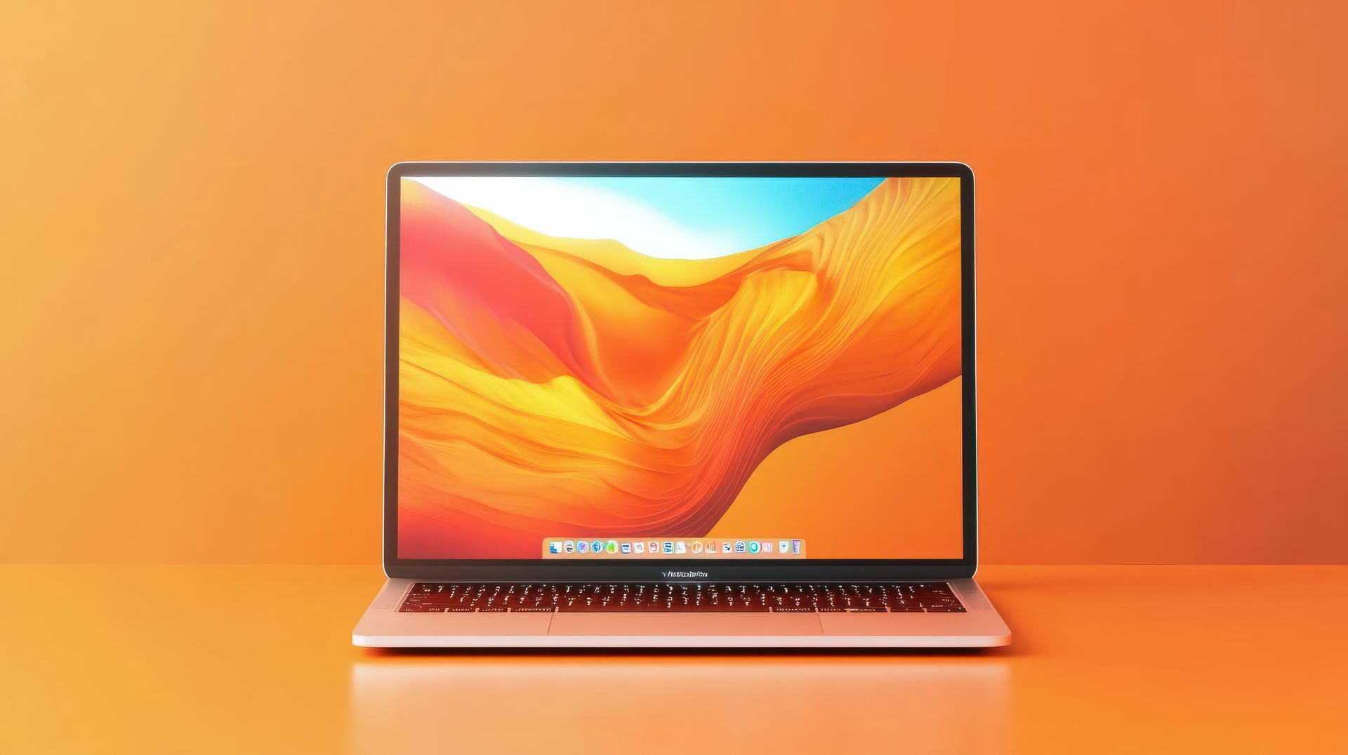 Laptop on a bright orange background, displaying a vivid orange and yellow abstract wallpaper