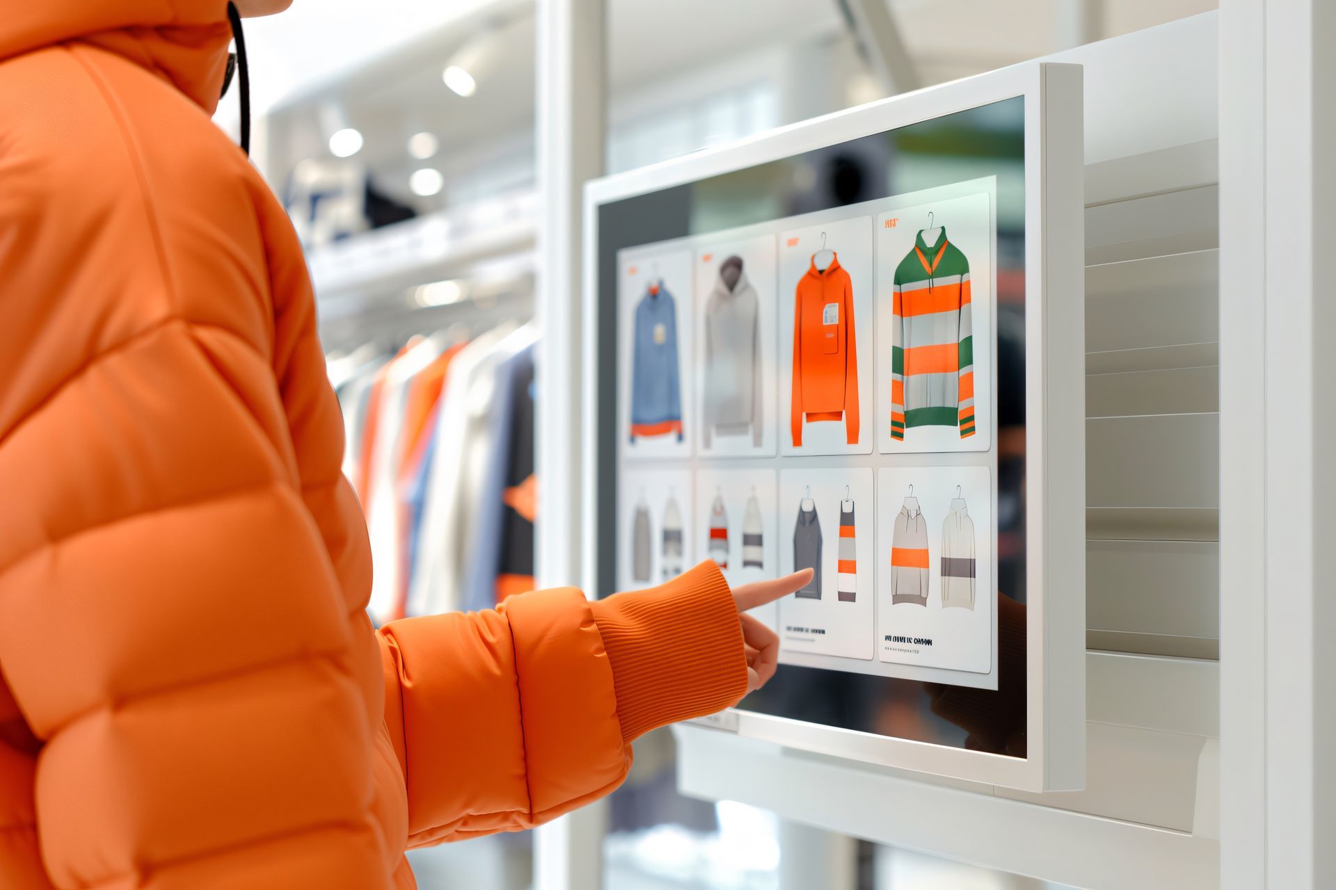 Person in orange jacket using a touchscreen display to browse clothing in a store
