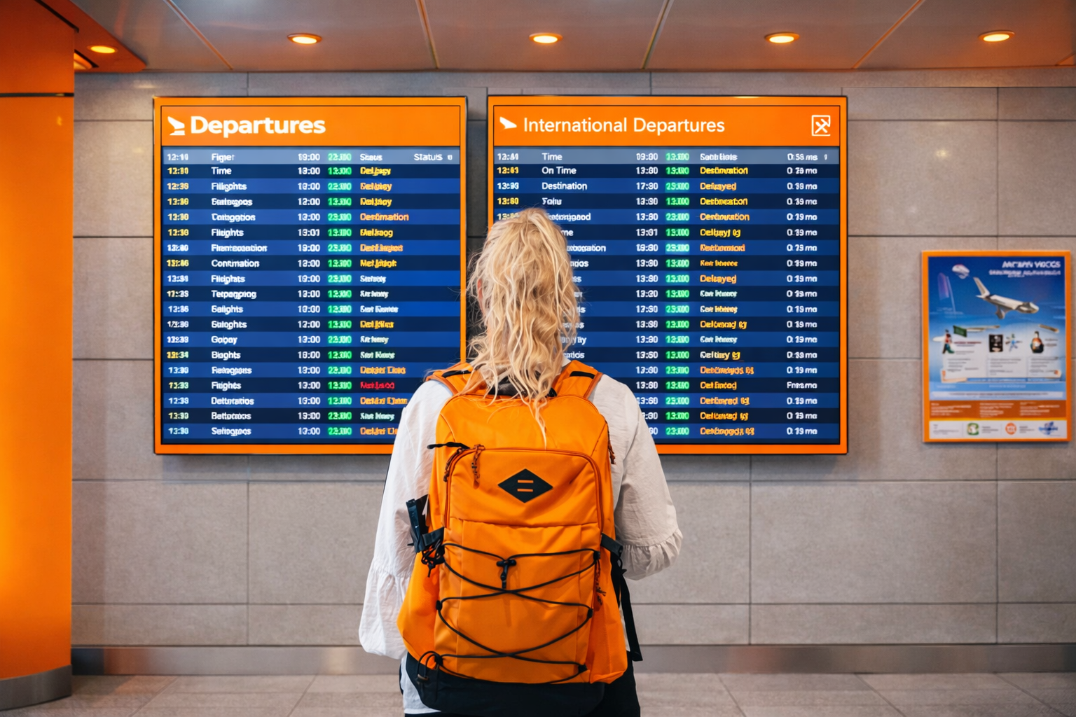 Traveler with orange backpack viewing airport departure boards