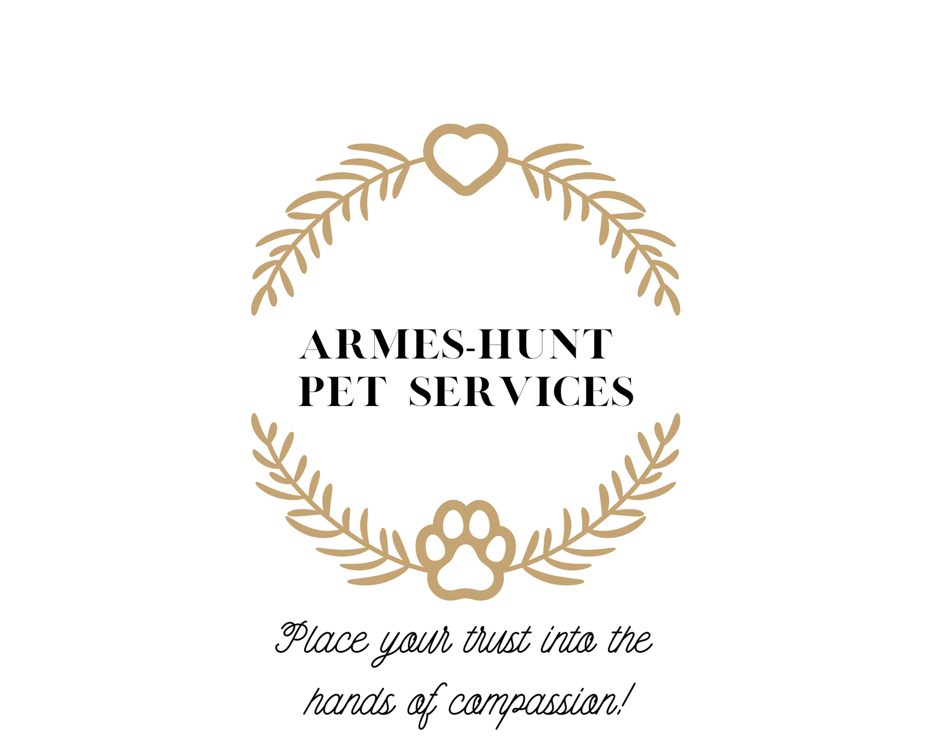 A logo for arms hunt pet services with a paw print and laurel wreath.