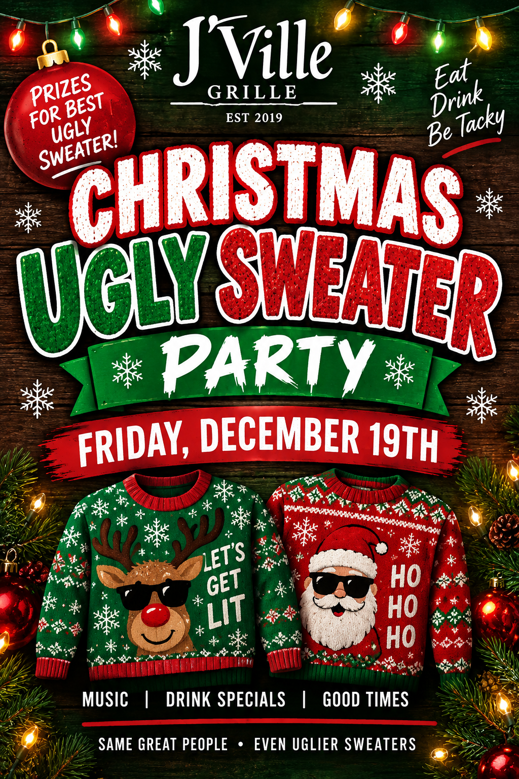 Christmas Ugly Sweater Party poster with red and green festive holiday design, Santa, reindeer, and event details