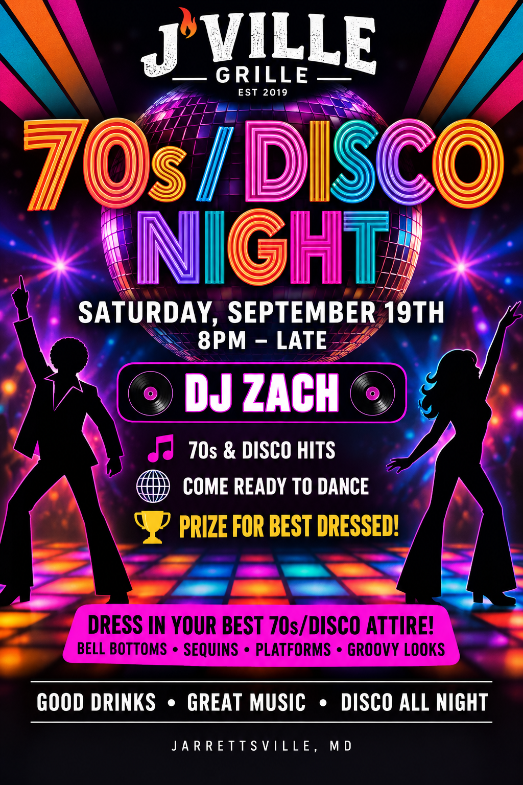 J'Ville Grille 70s Disco Night flyer with neon disco theme, DJ Zach, Sept. 19, 8PM–late, prizes and music details
