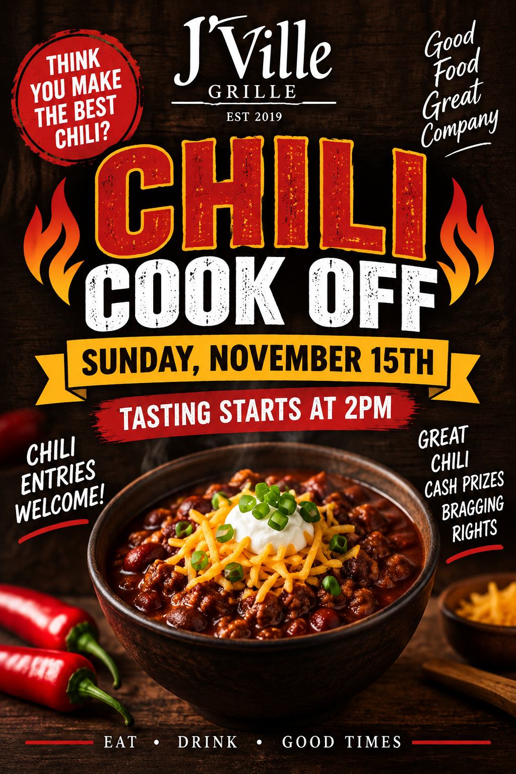 J'Ville Grille chili cook-off poster with flaming bowl, Sunday Nov. 15, tasting starts at 2 PM