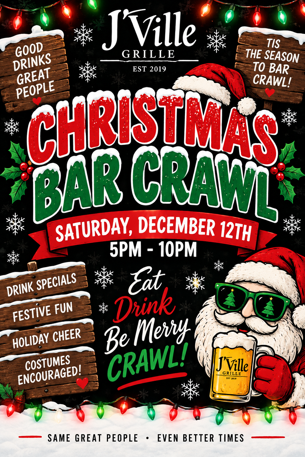 Christmas bar crawl poster with Santa, green text, and festive red-and-green holiday decorations