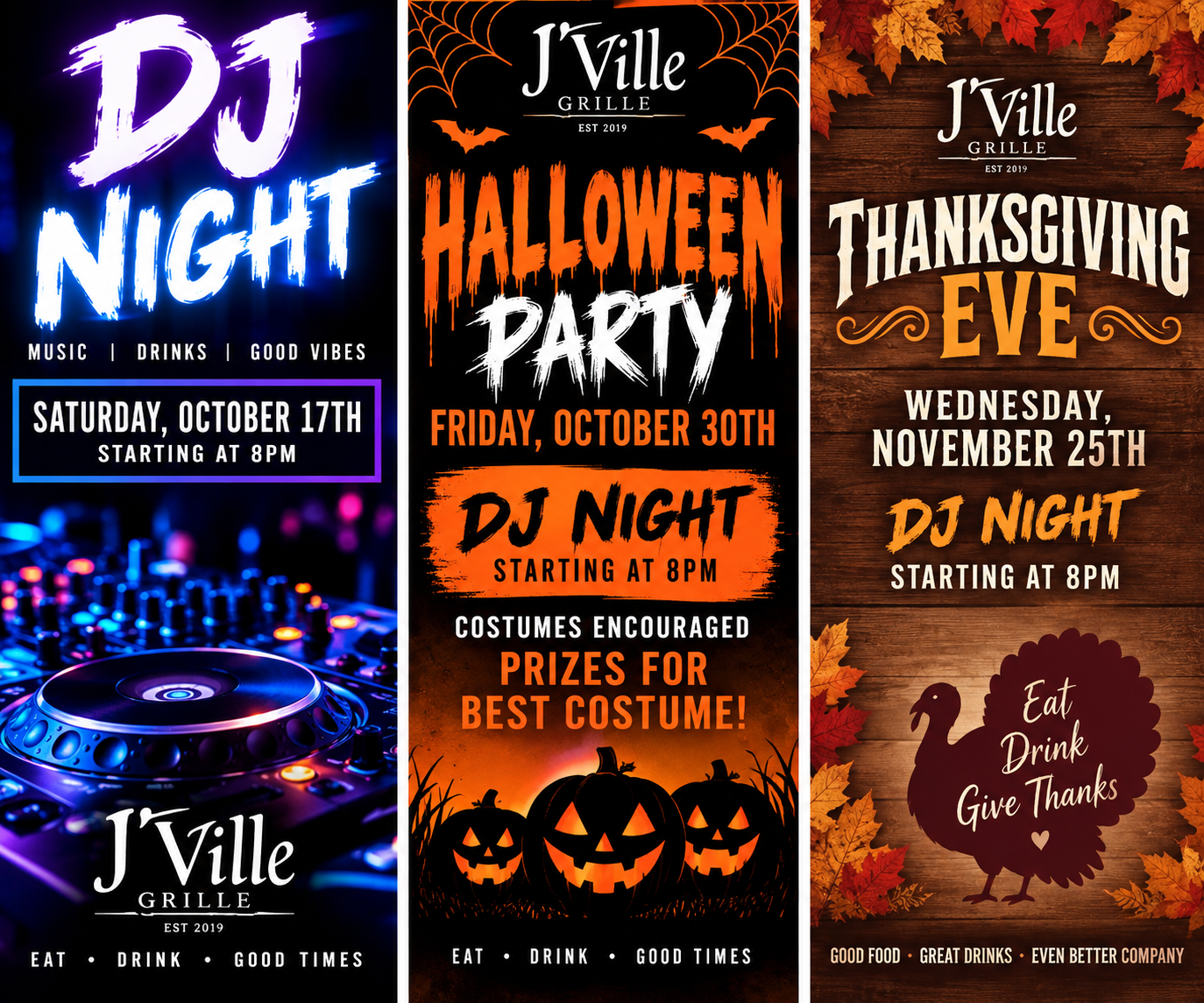 J’Ville event flyers for DJ Night, Halloween Party, and Thanksgiving Eve with dates and times