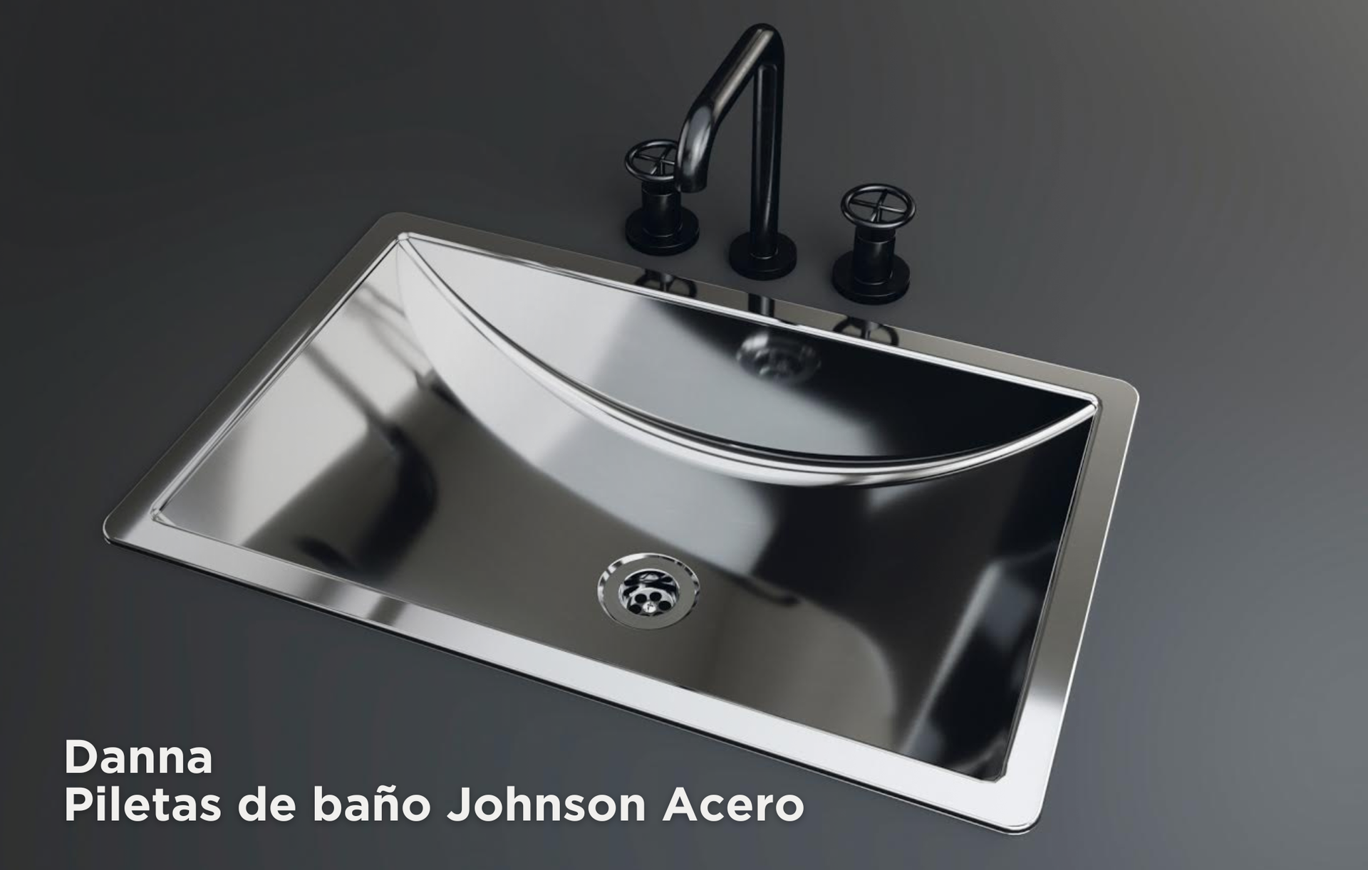 Acero inoxidable pulido con grifo y desagüe sobre fondo gris, lavabo Johnson Acero.