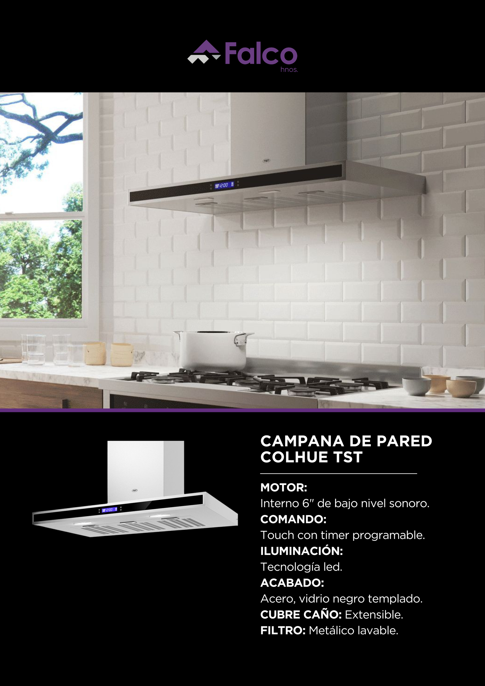 Cocina moderna con salpicadero de azulejos blancos, cocina de gas y campana extractora negra junto a una ventana.