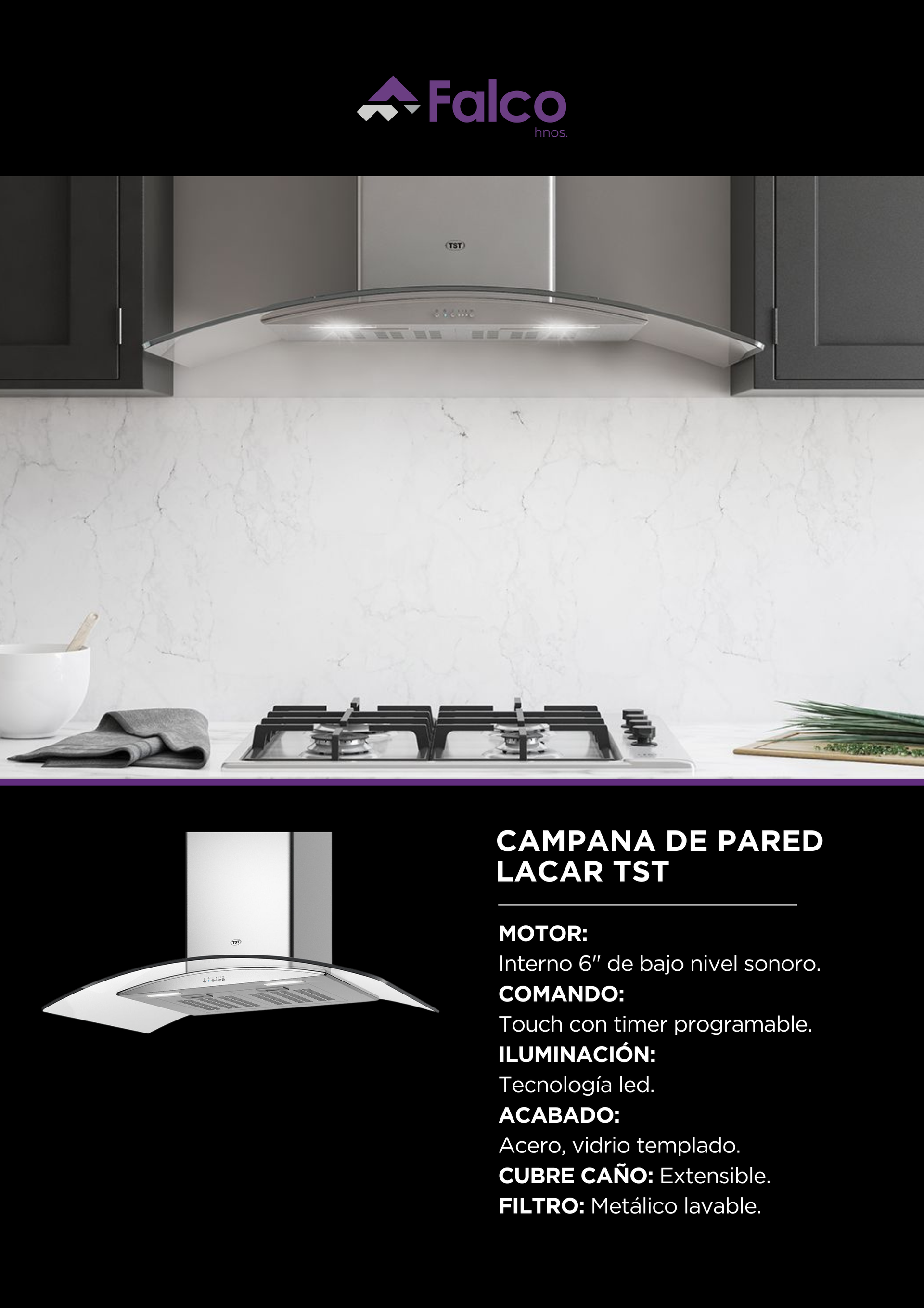 Cocina moderna con placa de cocción de acero inoxidable, campana extractora, armarios oscuros y salpicadero de mármol.
