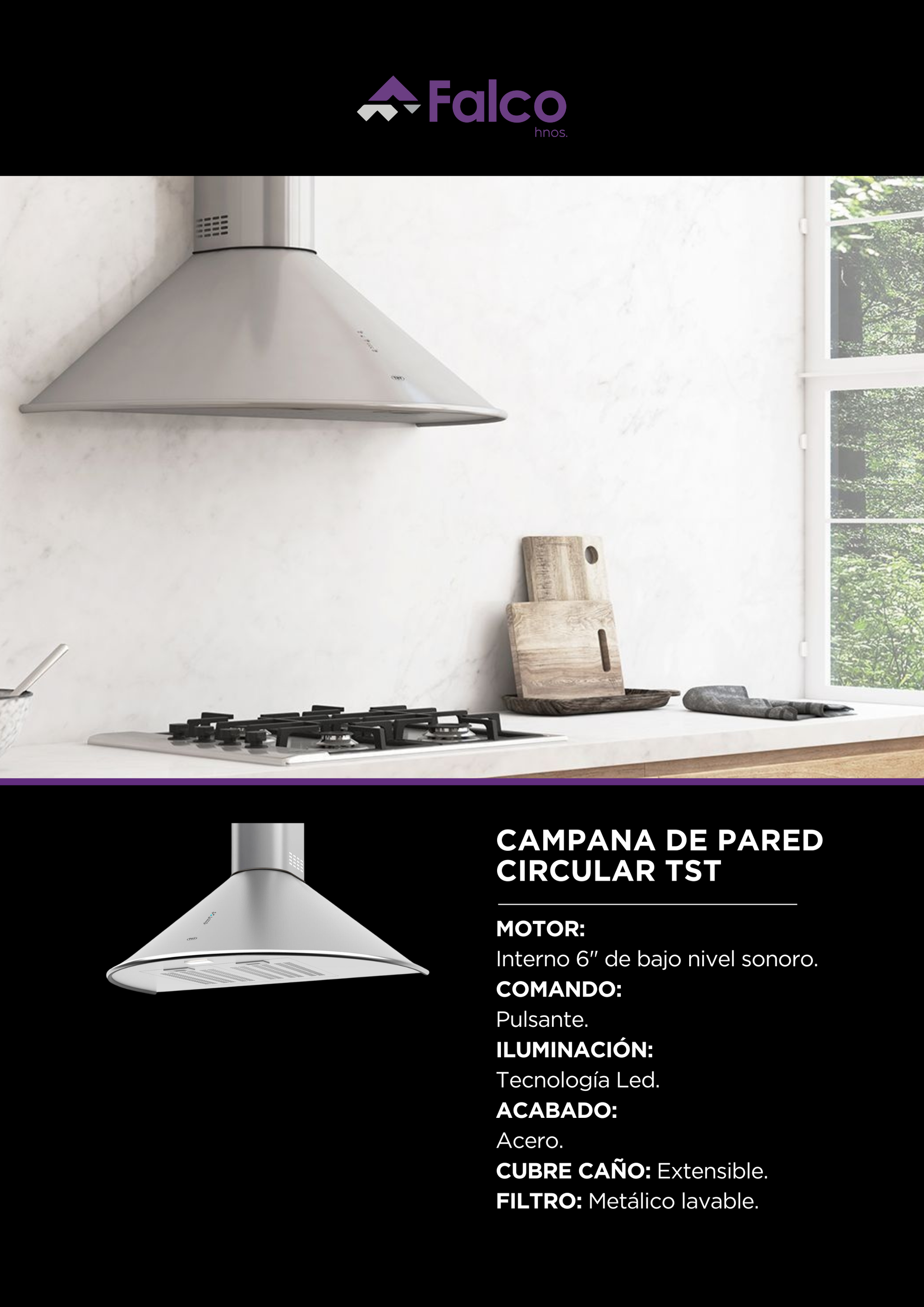 Cocina moderna con campana extractora de acero inoxidable, estufa de gas, encimeras blancas y ventana.