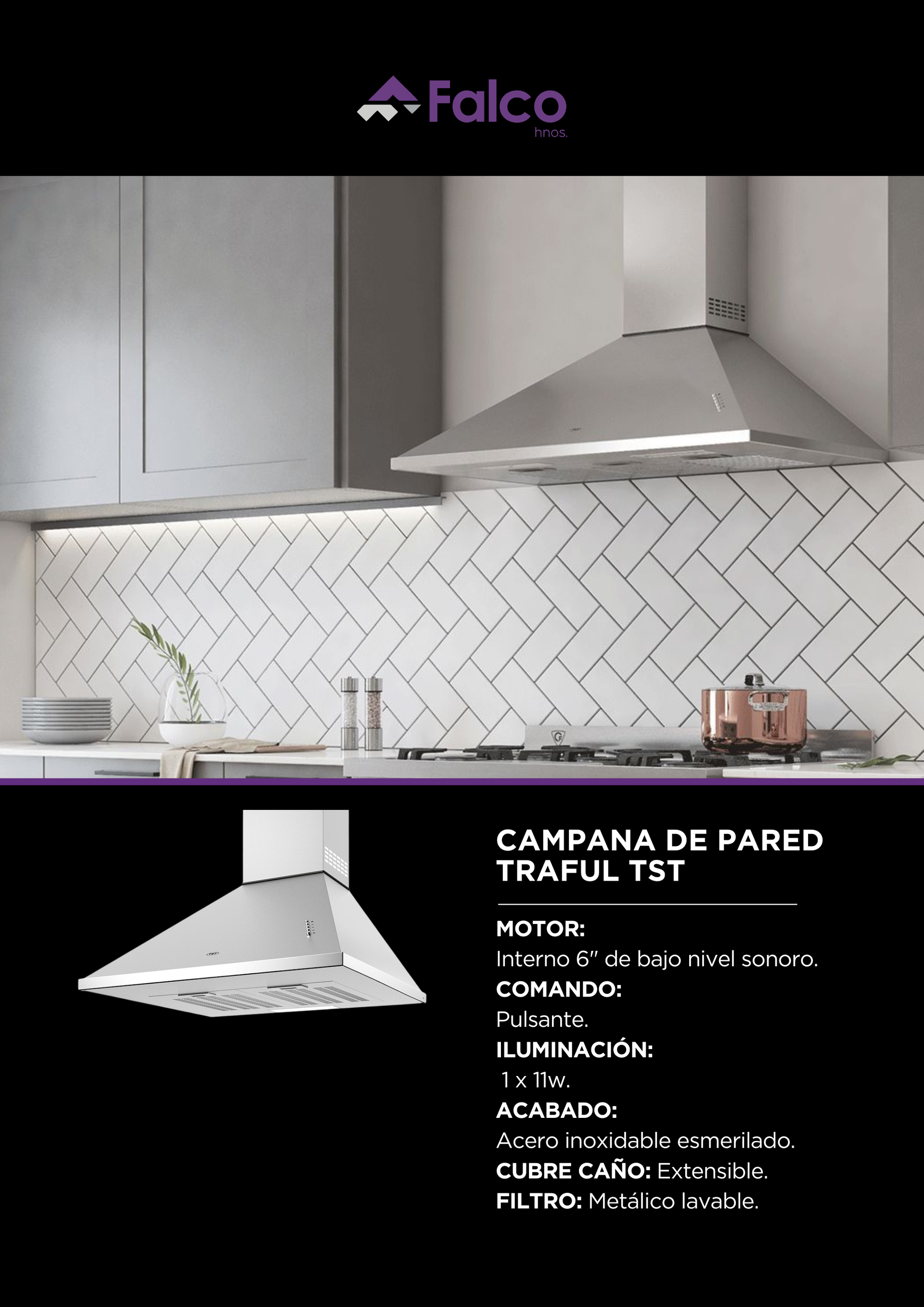 Cocina moderna con gabinetes grises, salpicadero de azulejos blancos en espiga y campana extractora de acero inoxidable.