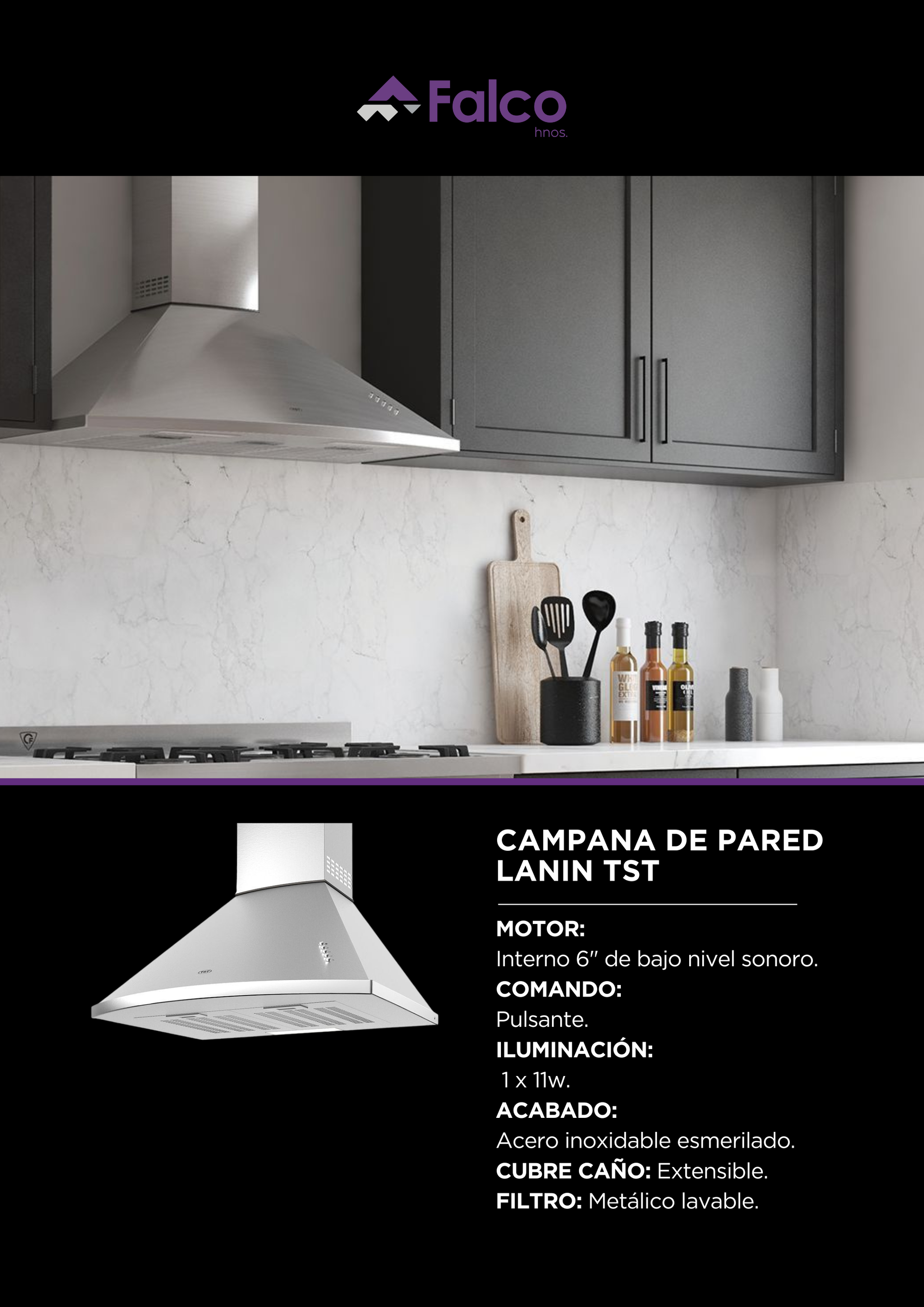 Cocina moderna con gabinetes grises, campana extractora de acero inoxidable y una encimera para utensilios y botellas.