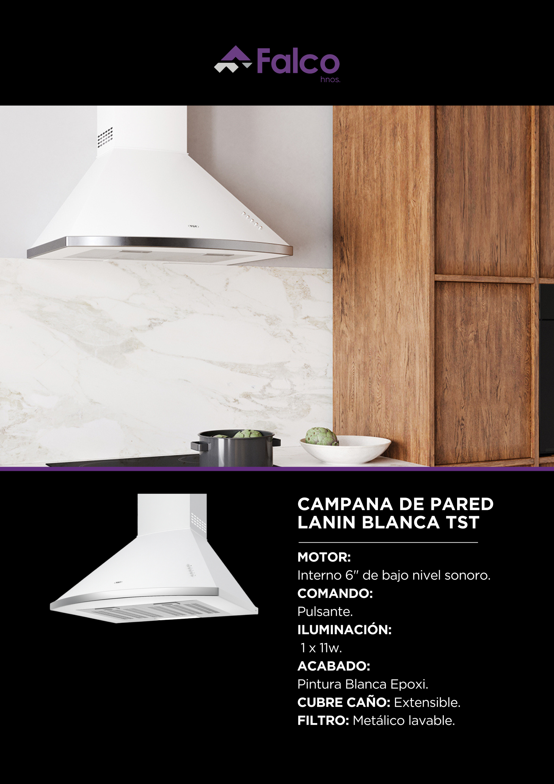 Cocina moderna con campana extractora blanca, salpicadero de mármol y armarios de madera.