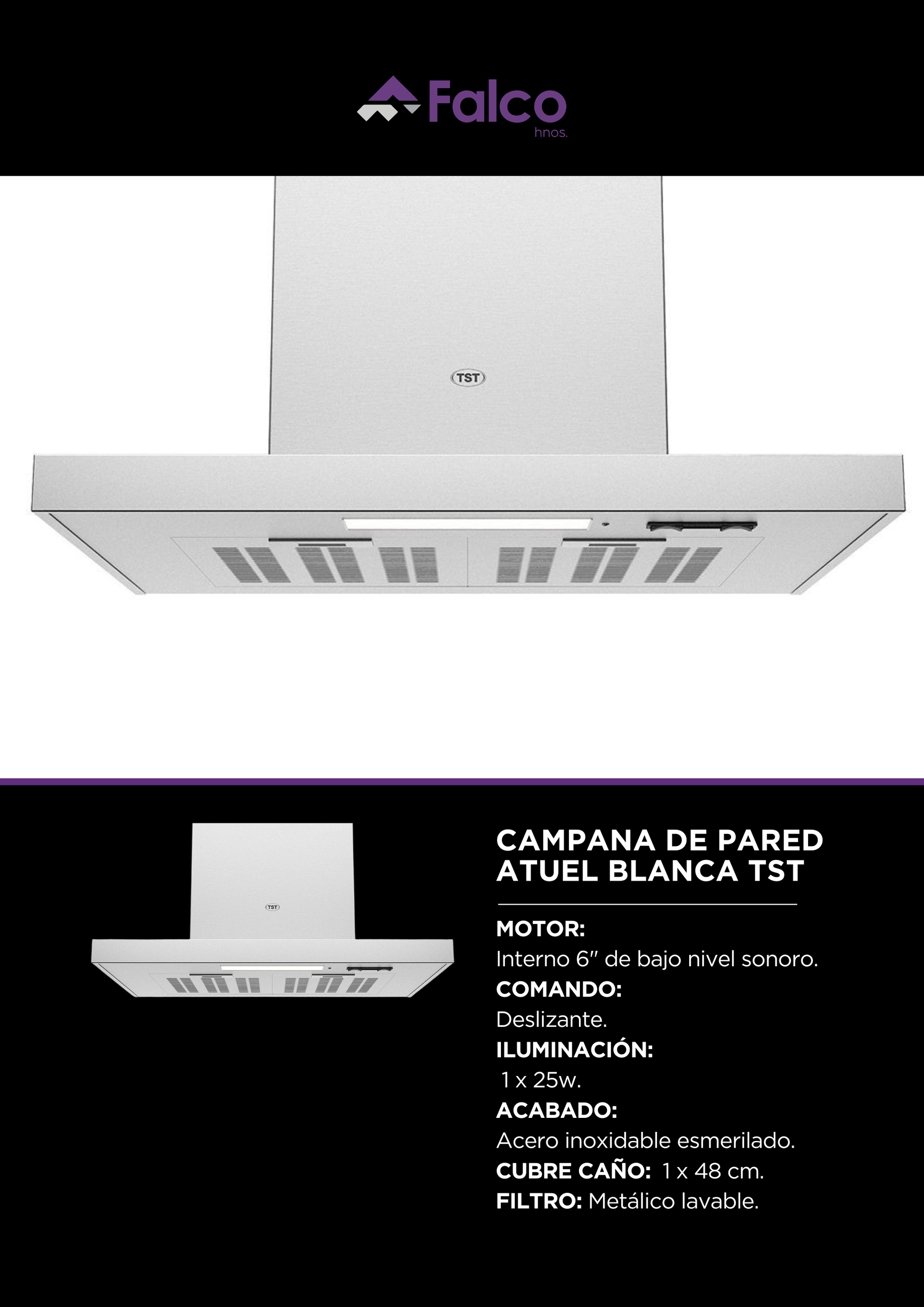 Campana extractora de acero inoxidable con luces y filtros de ventilación integrados, vista frontal.