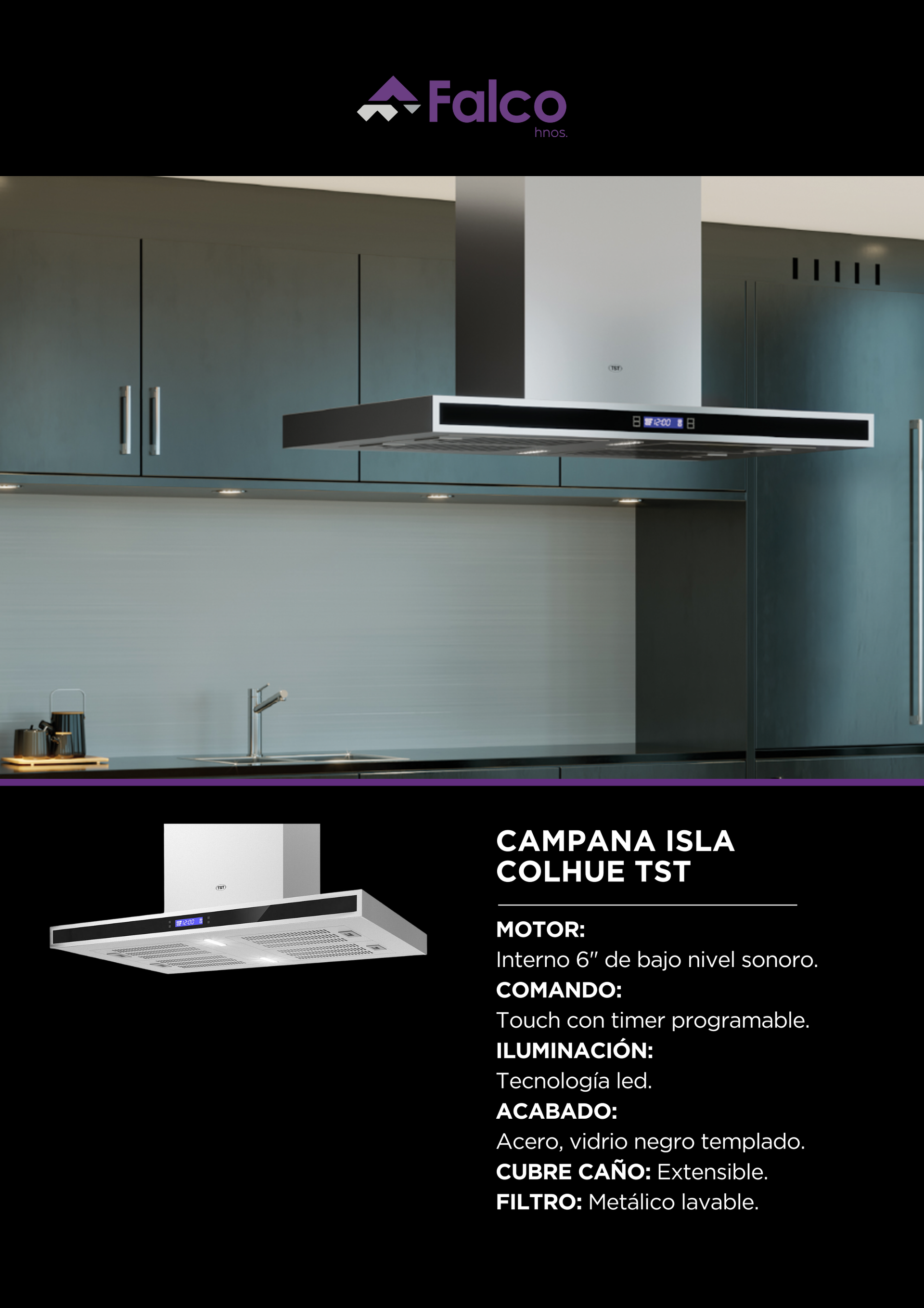 Cocina moderna con armarios oscuros, salpicadero blanco y campana extractora de acero inoxidable sobre la placa de cocción.