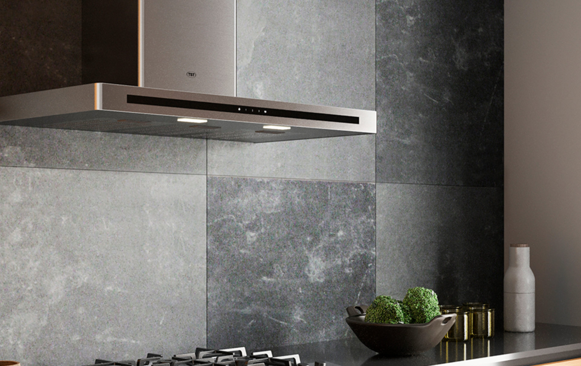 Cocina moderna con campana extractora de acero inoxidable