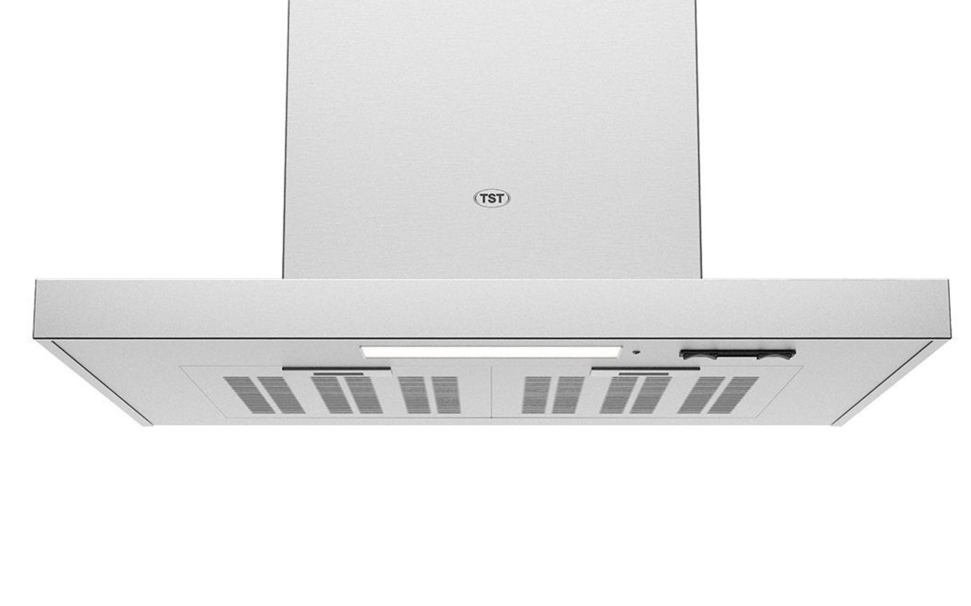 Campana extractora de acero inoxidable con luces y filtros de ventilación integrados, vista frontal.