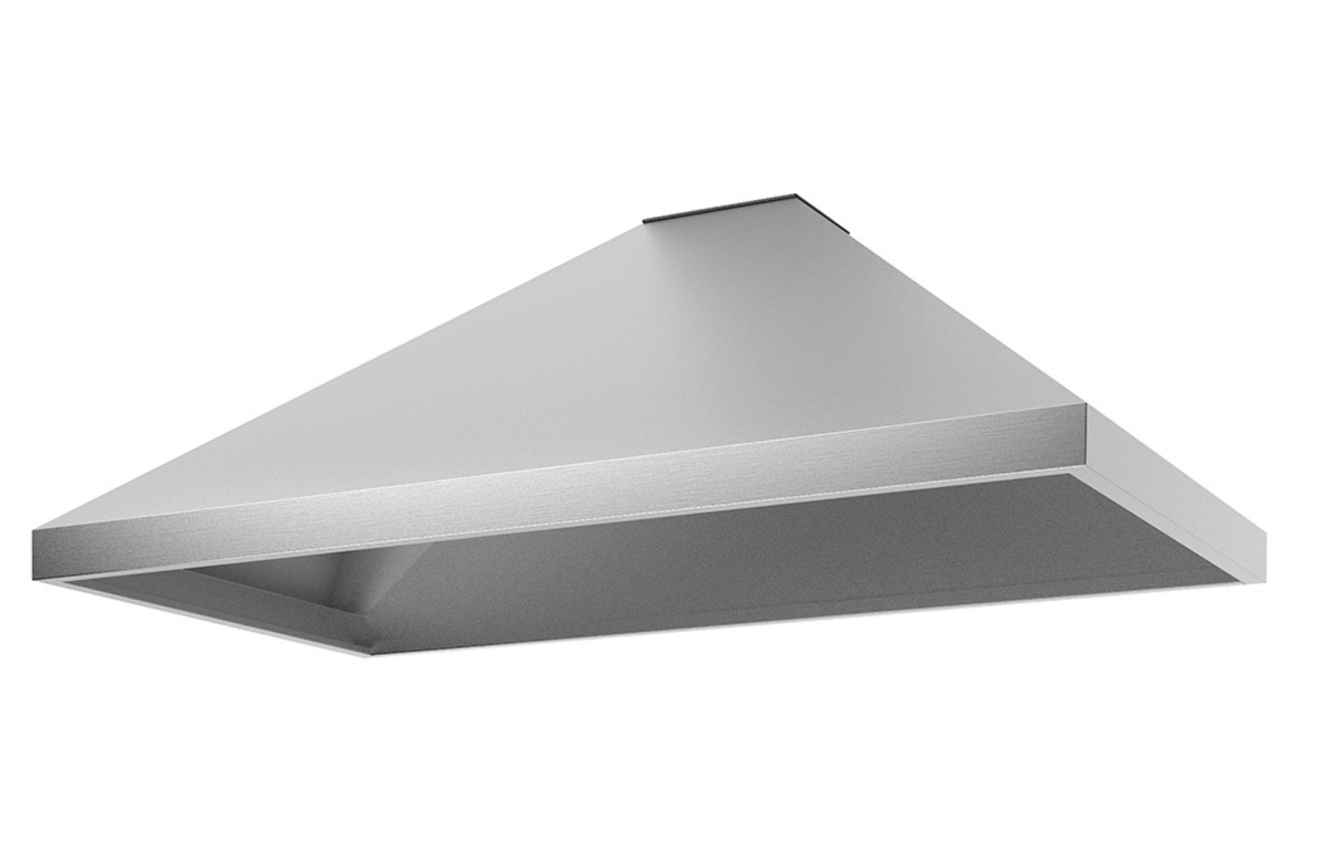Campana extractora de pared de metal plateado con cubierta triangular sobre fondo blanco.