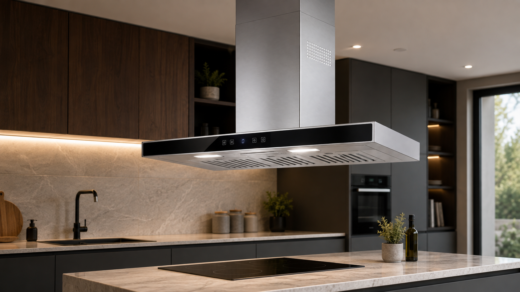 Cocina moderna con armarios de madera oscura, una gran isla y una campana extractora de acero inoxidable