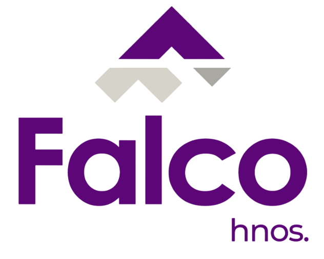 Logotipo de Falco hnos. en morado y gris con formas de techo estilizadas sobre el texto.