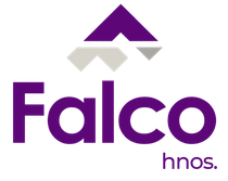 Logotipo de Falco hnos. en morado y gris con formas de techo estilizadas sobre el texto.