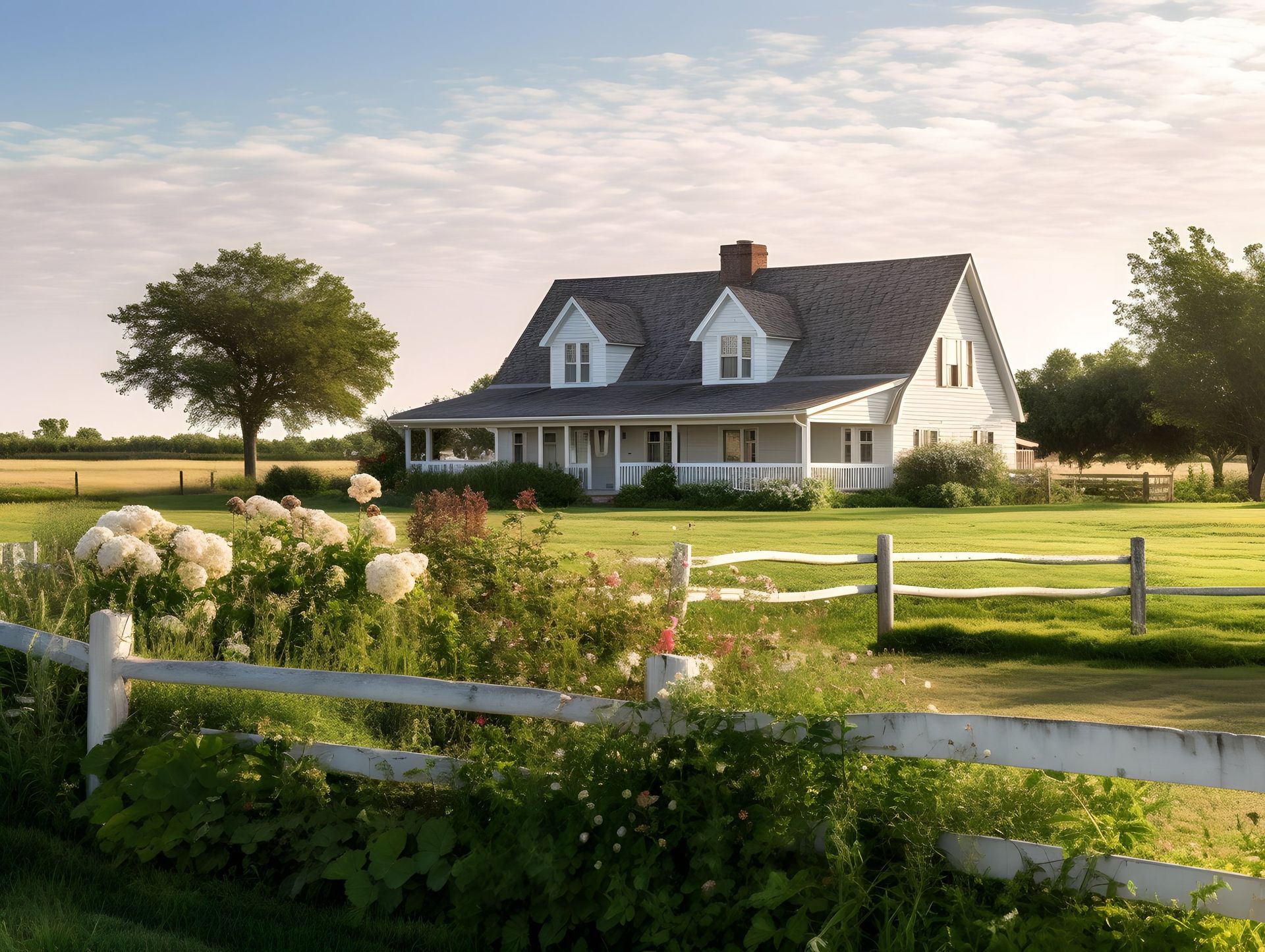 A white house with a white fence in front of it